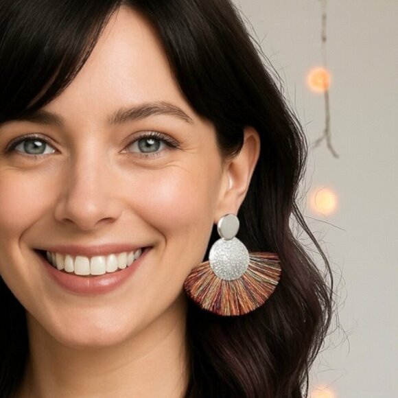 🆕️Boho Chic Rainbow Fan Earrings - Statement Fringe Tassel Summer Style 🌈 - Picture 3 of 12